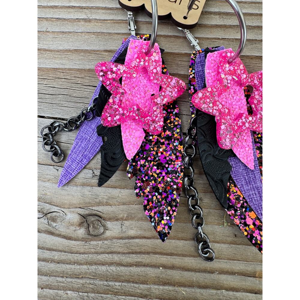 Randans Pink Glitter Star Statement Earrings Boho Western Cowgirl Fringe Dangle - Picture 4 of 5